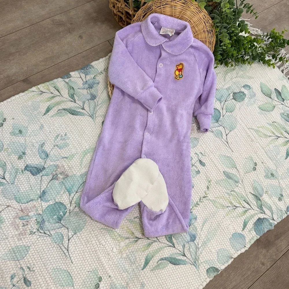 Vintage Disney Winnie Pooh Baby Girl Pajamas Lavender Button Footie Terry Cloth